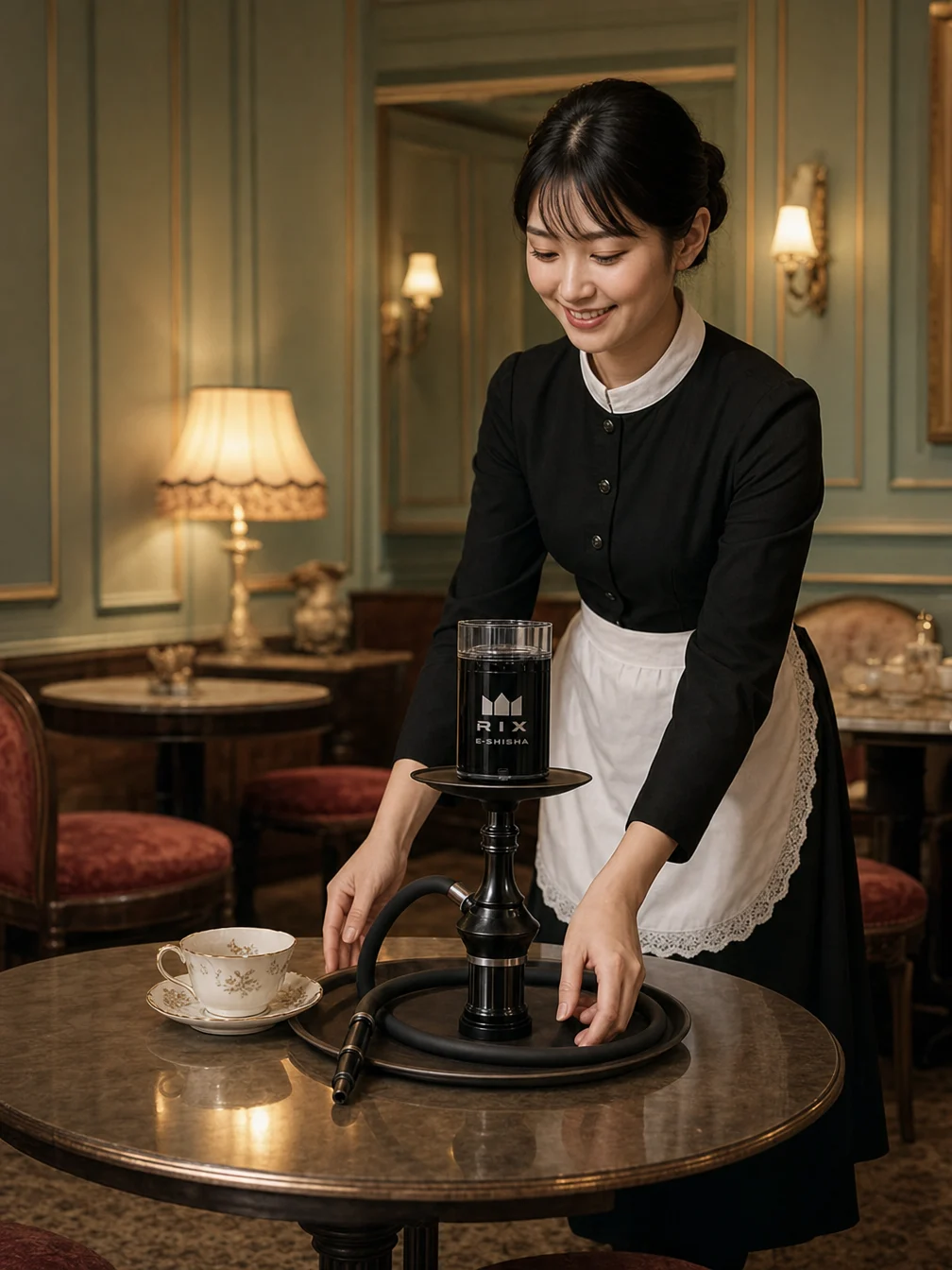 メイドカフェでスタッフがテーブルにRIXを提供する様子